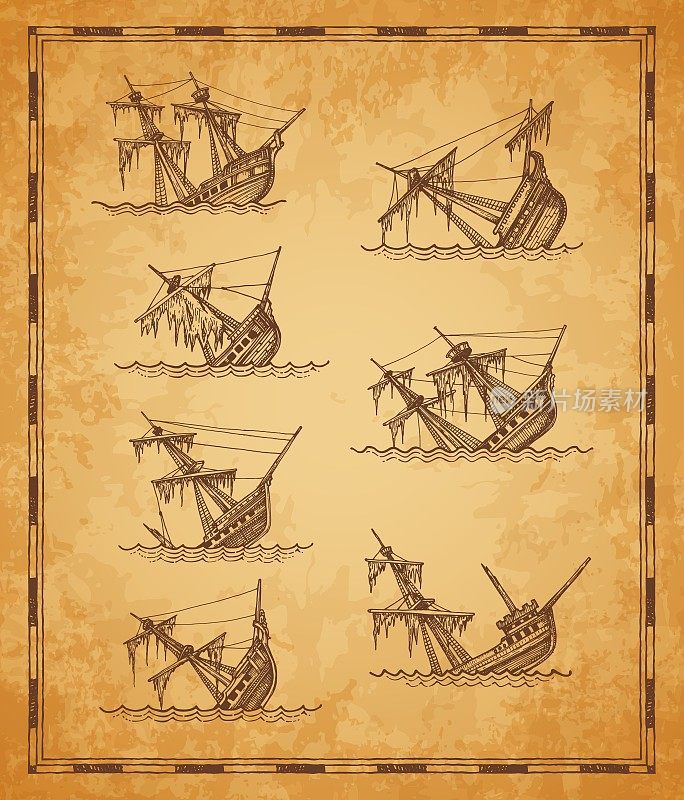 Sunken sailing ships sketch, vintage map elements